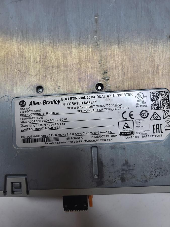 Used Allen-Bradley Bulletin 2198 20.0A Dual Axis Inverter 2198-D020-ER53 Ser.B