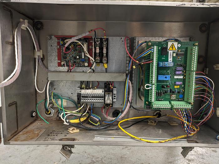 Used Safeline metal detector 17-1/2" wide x 11-3/4" tall. conveyor 16" wide x 100" long. 32" tal