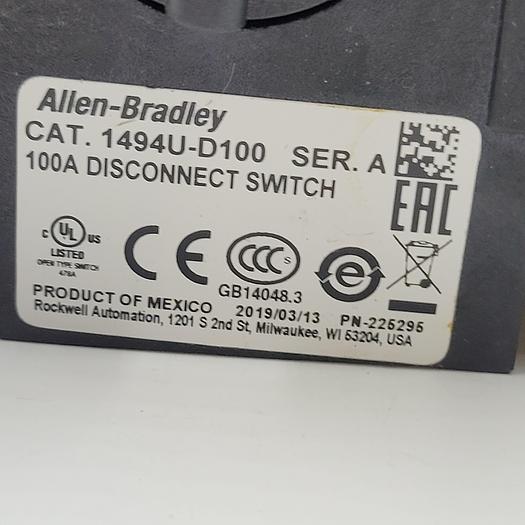 Used ALLEN BRADLEY 1494U-D100 Ser. A Disconnect Switch & three LPJ_100SP Low Peak fuses