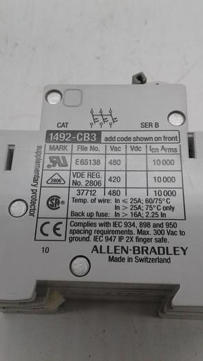 Used Allen-Bradley 15A G150 1492-CB3 Supplementary Protector