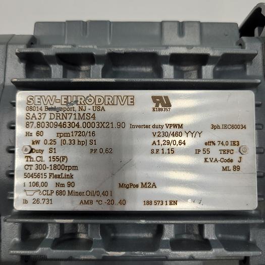 Used SEW EURODRIVE 3/4" BORE GEAR BOX SA37 DRN71MS4 87.8030946304.0003X21.90 & MOTOR