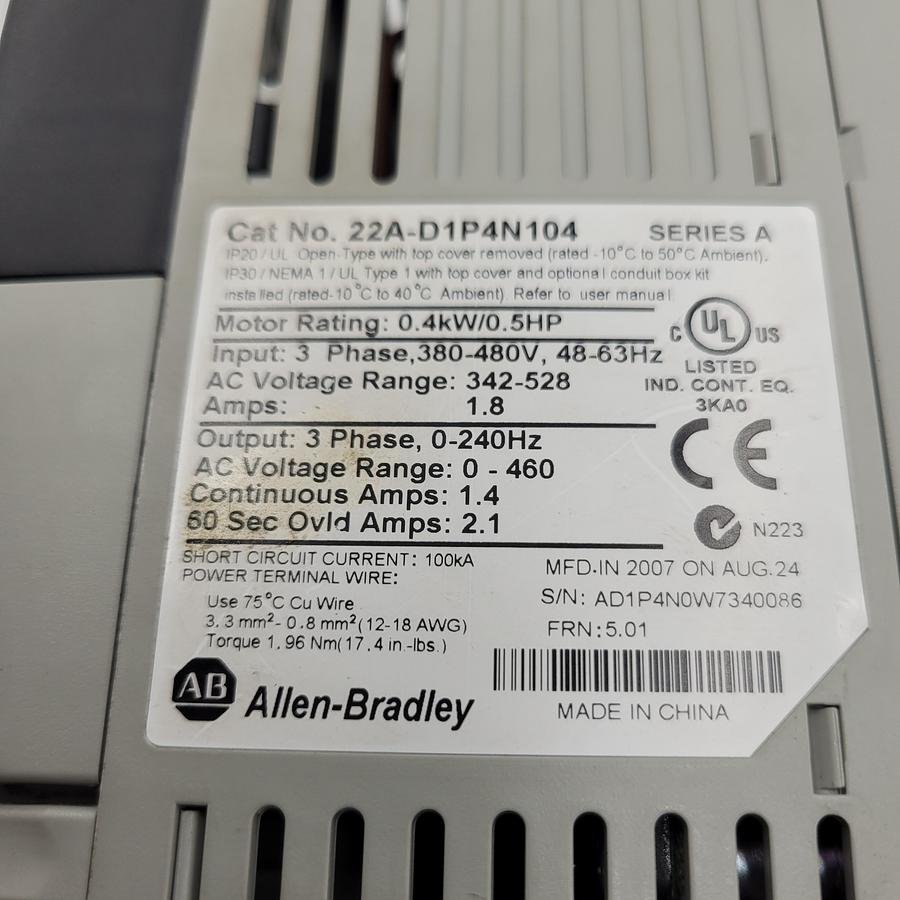 Used Allen Bradley cat # 22A-D1P4N104 AC drive