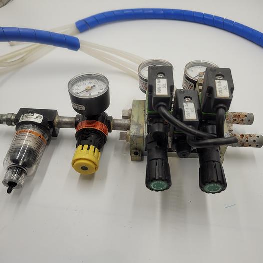 Used Numatics pneumatics panel: two 031RS700O Solenoid Valves & three 031sa4004 & Parker regulator 14r113fc & air filter 14F1588