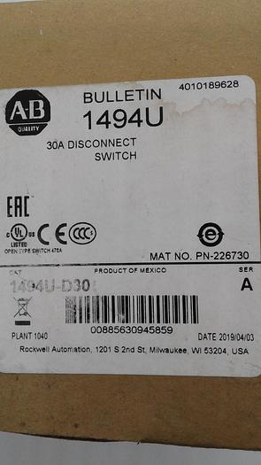 Allen-Bradley Rockwell Automation 30A Disconnect Switch 1494V