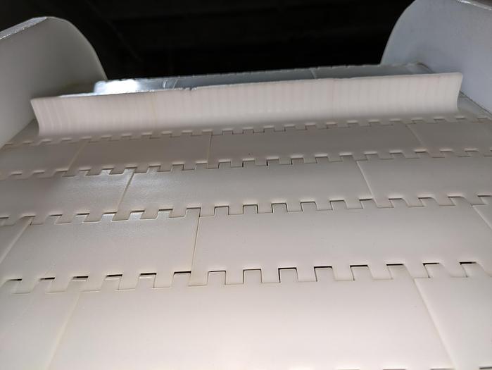 Used elevator, stainless steel frame, 17" wide, 11' long, plastic modular belt, adjustable legs, casters.