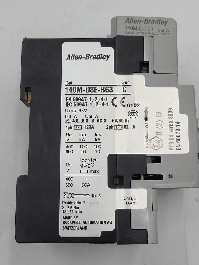 Used Allen Bradley 140M-D8E-B63 motor protection circuit breaker & 140M-C-A Contactor