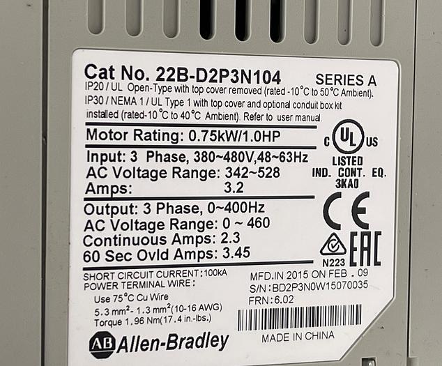 Used Allen-Bradley 22B-D2P3N104 Ser A 
