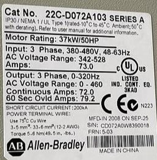Used Allen Bradley 22C-D072A103 Ser A 