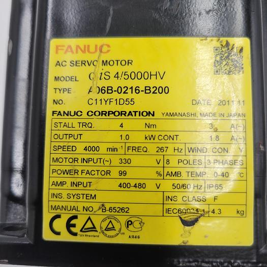 Used FANUC AC SERVO MOTOR MODEL: QIS4/5000HV TYPE: A06B-0216-B200 & PULSECODER aiA1000 Type A860-2000-T301