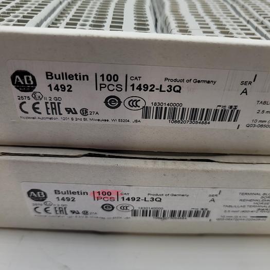 ALLEN BRADLEY 1492-L3Q PANEL Terminal Block, 25A, 600V AC/DC - 2 new boxes (100 ea)