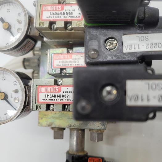 Used Numatics pneumatics panel: two 031RS700O Solenoid Valves & three 031sa4004 & Parker regulator 14r113fc & air filter 14F1588