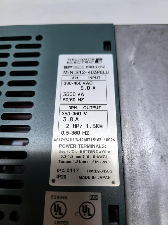 Reliance Electric S12-403P8LU nameplate