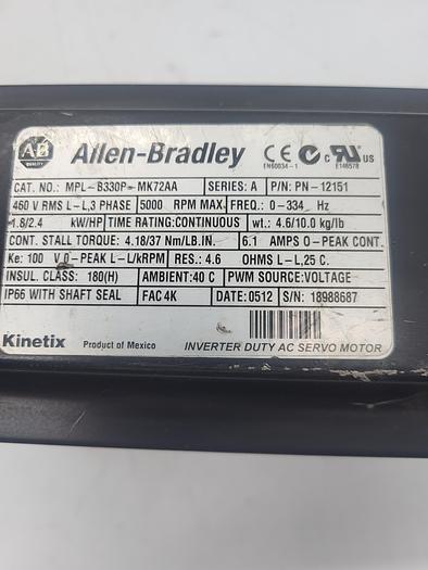 Used Allen-Bradley Kinetix Inverter Duty AC Servo Motor MPL-B330-MK72AA Ser.A