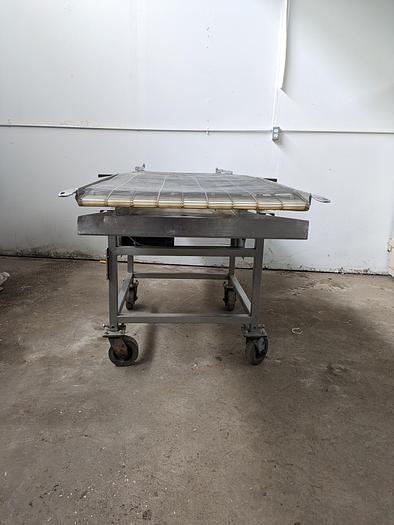 Used  24" wide wire belt 8' long 36" tall 120v all stainless with drip pan with 2" center drain and 6" casters