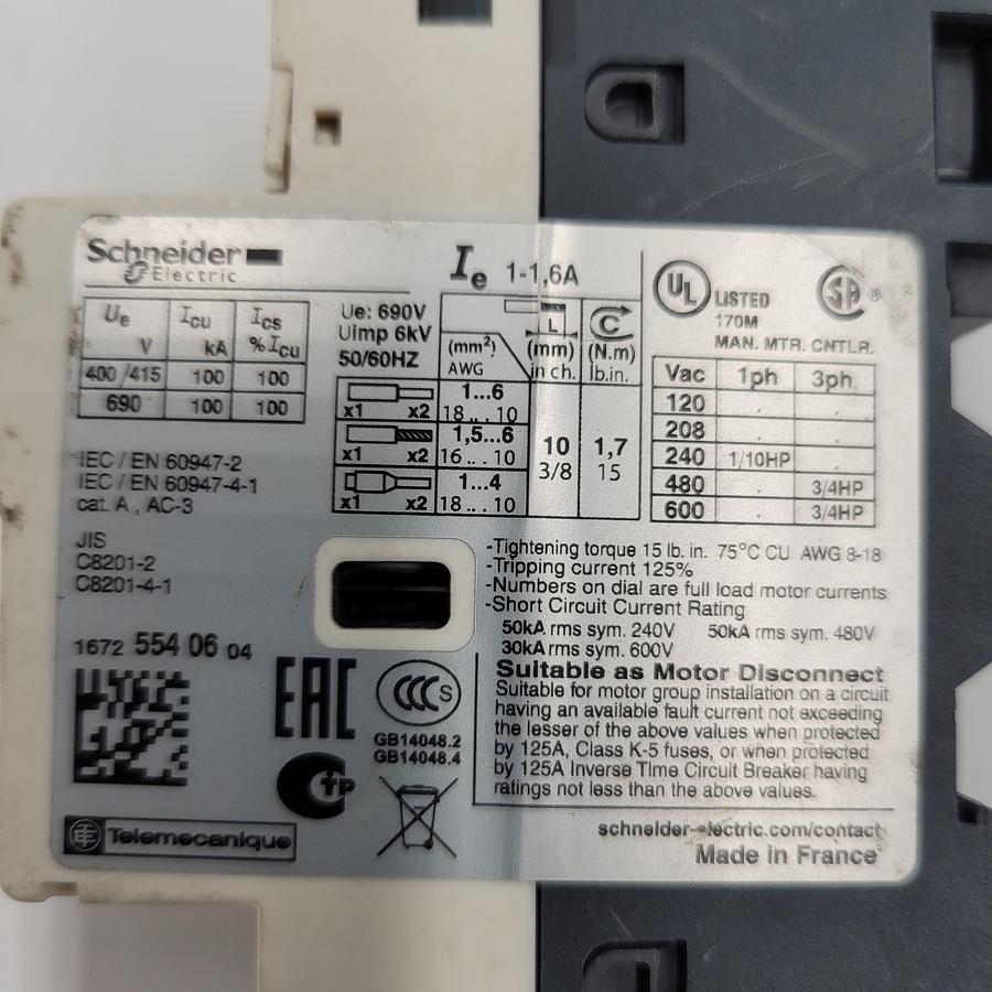 Used Schneider Electric Circuit Breaker 1A-1.6A (GV2-RT06)