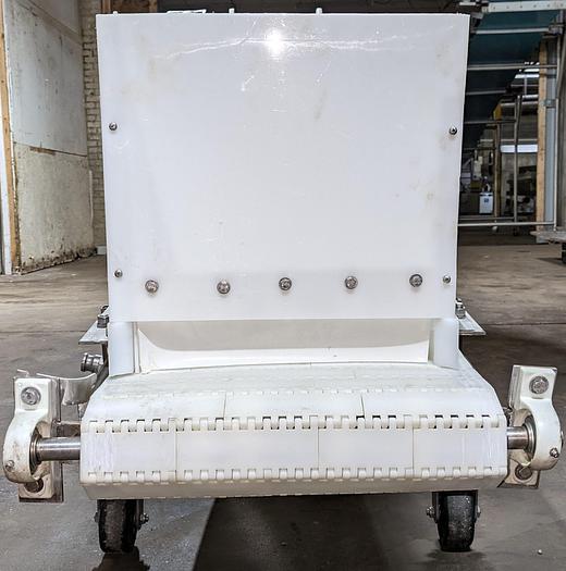 Used elevator, stainless steel frame, 17" wide, 11' long, plastic modular belt, adjustable legs, casters.