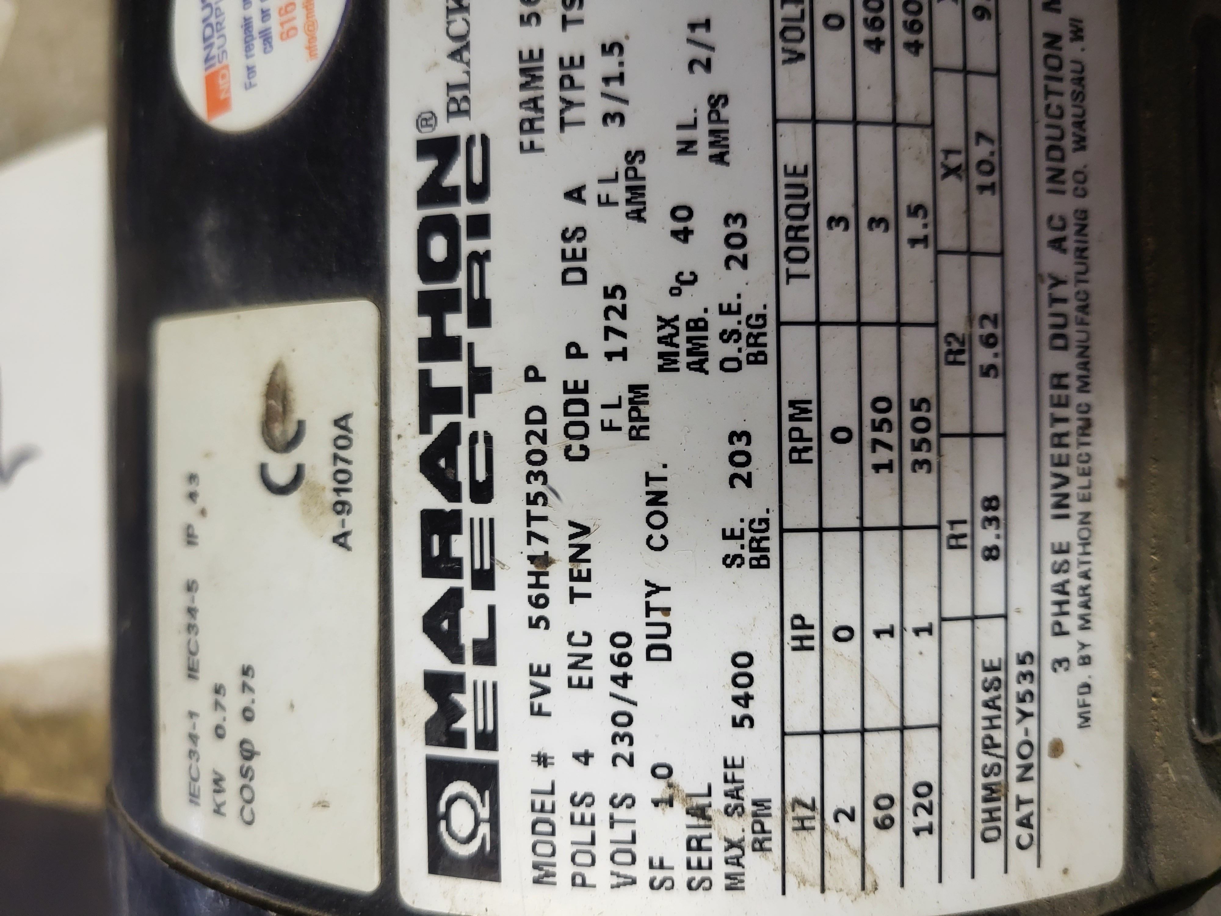 Used Marathon Electric BlackMax FVE 56H17T53020 P w/Gearbox