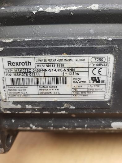 Used Rexroth 3-Phase Permanent Magnet Motor MSK076C-0450-NN-S1-UP0-NNNN