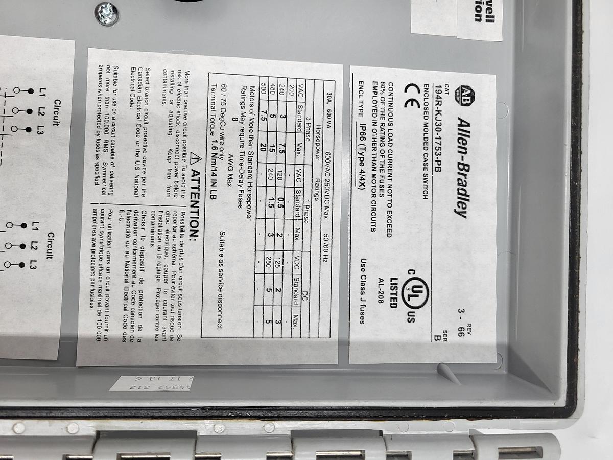Used Hoffman A1086CHSCFG/SPL & Allen Bradley 194R-KJ30-1753-PB enclosed switch with 3 15 amp fuses (max 30 amp fuses)