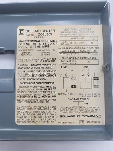 Used Square D Qo Load Center QO2L30S