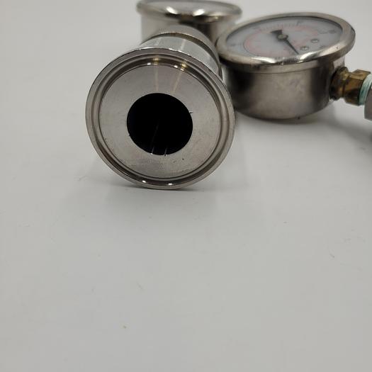 Used 100 PSI Stainless Steel 1/4" NPT Liquid Filled Pressure Gauge BOTTOM Mounted to 1" tri-clamp end / 304 & 316 stainless fittings