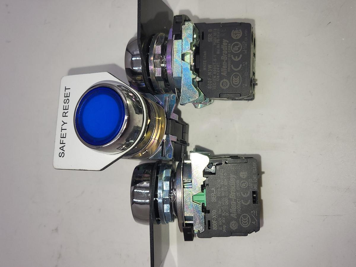 Used Allen Bradley Blue Push Button 800FM-LE3 contact blocks 800F-X10 & 800F-N3W