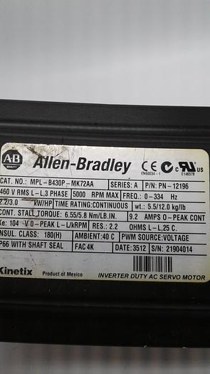 Used Allen-Bradley Inverter Duty AC Servo Motor Kinetix MPL-B430P-MK72AA