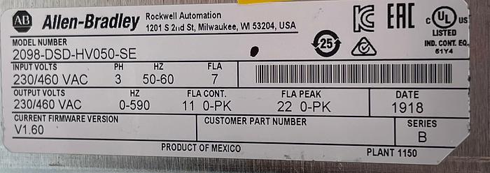 Used Allen-Bradley 2098-DSD-HV050-SE Ser B
