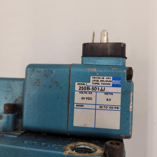 Used MAC 57D-33-501JJ valve CONNECTED to MAC solenoid 250B-501JJ & one PIAB filter PPSF1.0-X50