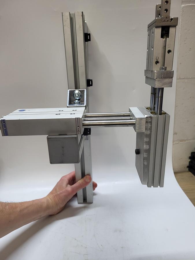Used SMC WHZ2-20D AIR Gripper / Bimba TB-2050-EFMS / Bimba ET-1275-EM connected to bracket arm