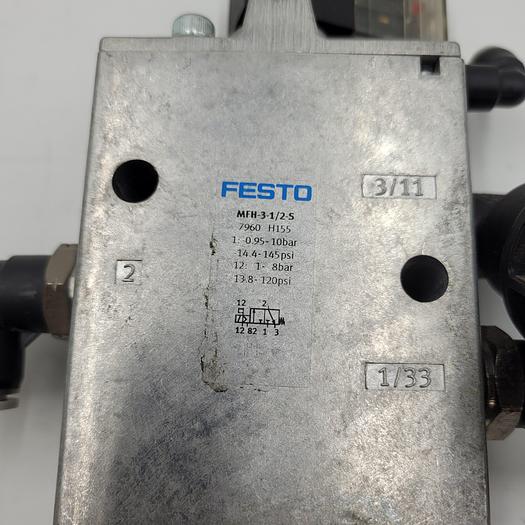 Used FESTO MFH-3-1/2-5 CONNECTED to Festo - Solenoid Coil MSFG-24/42-50/60-00 with muffler