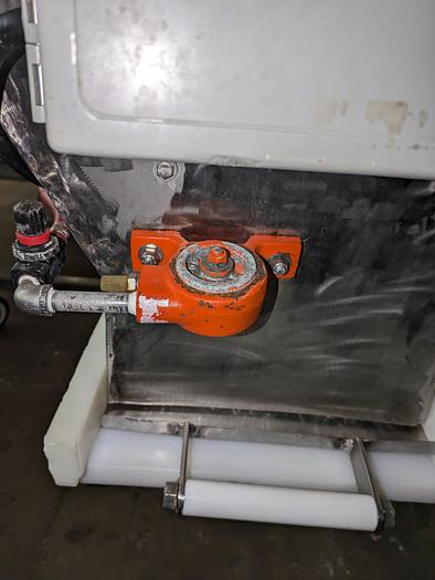 Used conveyor, stainless steel frame, 18" wide 21' long PVC belt adjustable leg with casters.