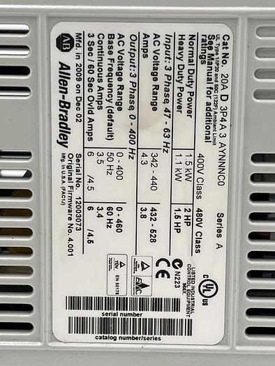 Used Allen-Bradley 20A D 3P4A3 AYNNNC0 Ser A 20-HIM-A3 Ser B 