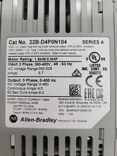 Used Allen-Bradley PowerFlex 40 22B-D4P0N104 Ser.A