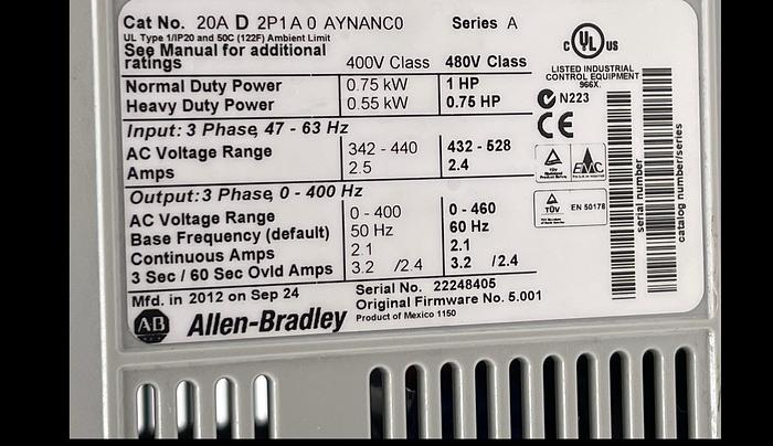 Used Allen-Bradley 20A D 2P1A 0 AYNANC0 Ser A 