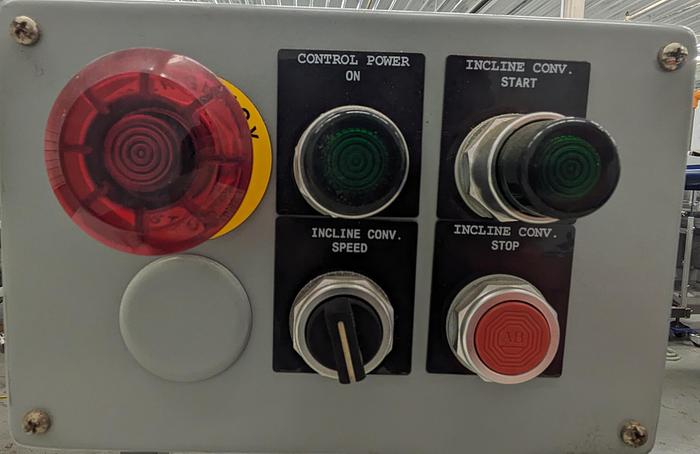 Used incline conveyor, multi outlet control panel, casters