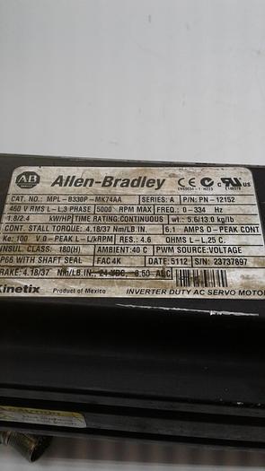 Used Allen-Bradley Inverter Duty AC Servo Motor MPL-B330P-MK74AA