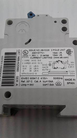Used Allen-Bradley Current Limiting 2 Pole Unit 1489-A2D060 A