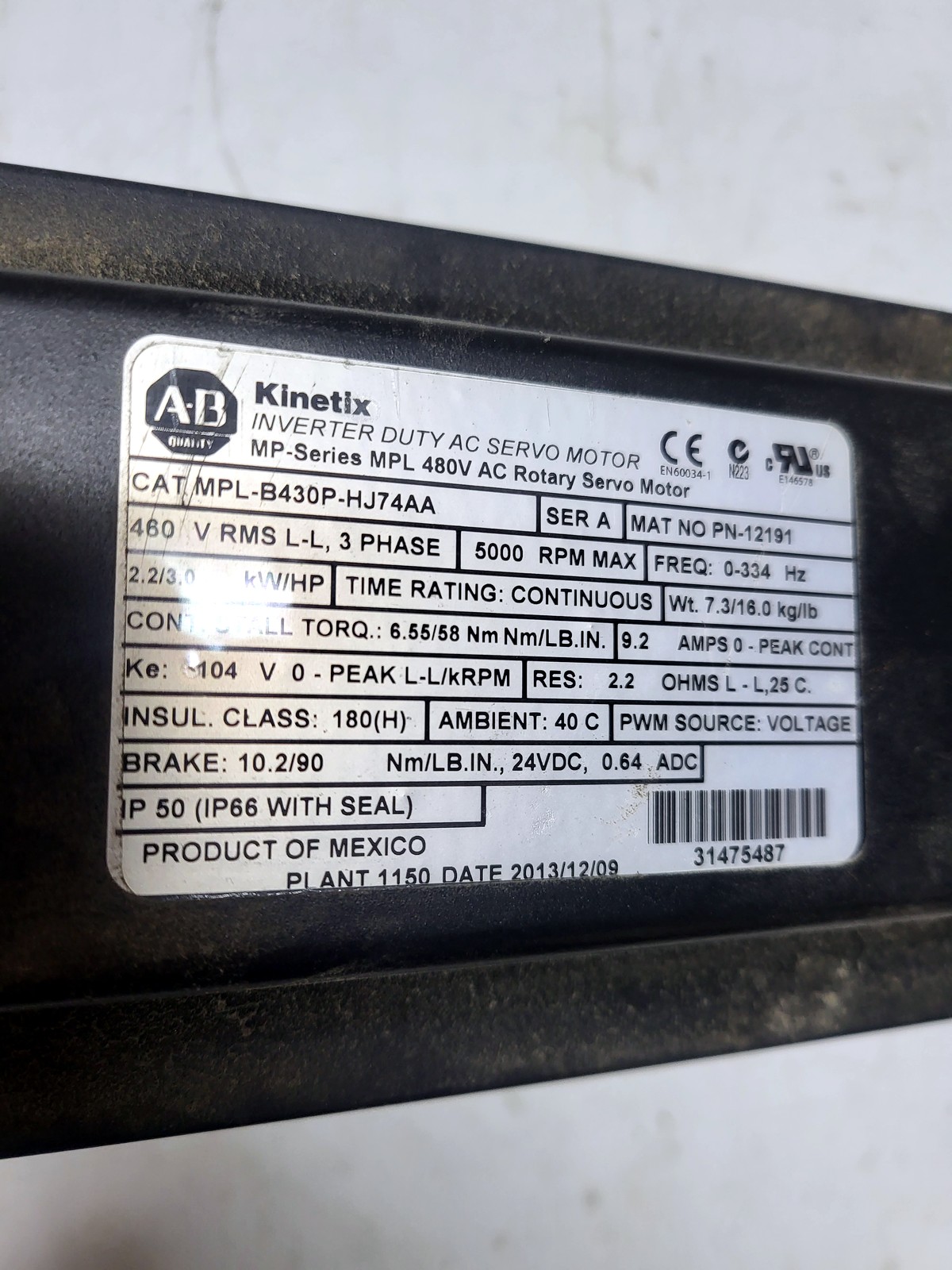 Allen-Bradley / Neugart MPL-B430P-HJ74AA nameplate