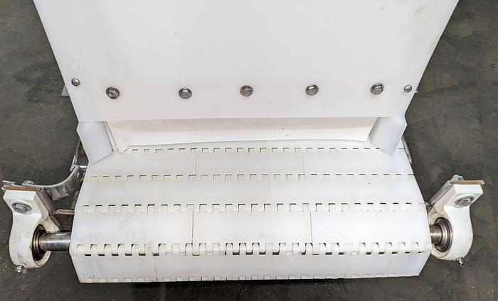 Used elevator, stainless steel frame, 17" wide, 11' long, plastic modular belt, adjustable legs, casters.