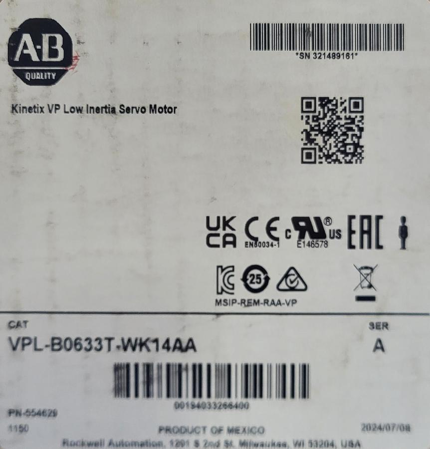 Allen Bradley vpl-B0633T-WK14AA / PN: 554629 Kinetix VP low inertia servo motor