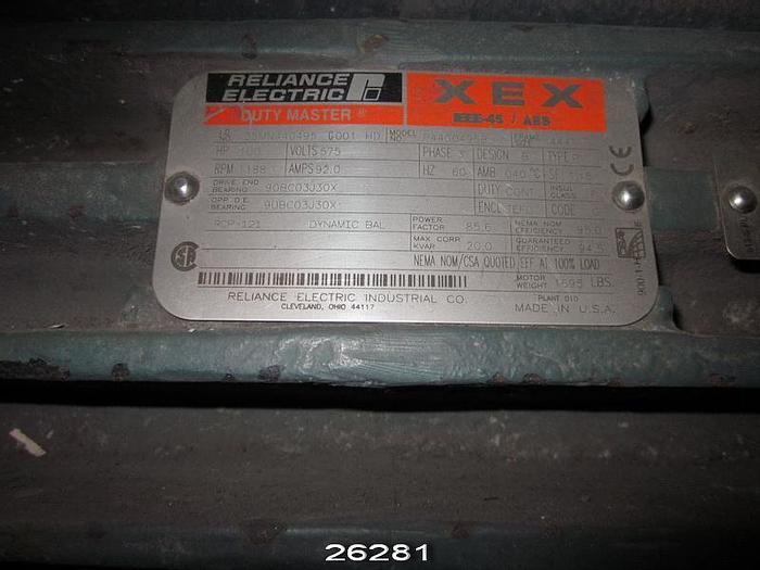 Used Reliance P44G0495B Ac Motor, 100 Hp, 1188 Rpm, 575 Volts, 60 Hz, 1.15 Sf, 444T Frame, Code G, Design B, Class F, 95.0% Efficiency, 85.6 % Pf, Drive End Bearing 90Bc03J30X, Opp End Bearing 90Rc03J30X #26281