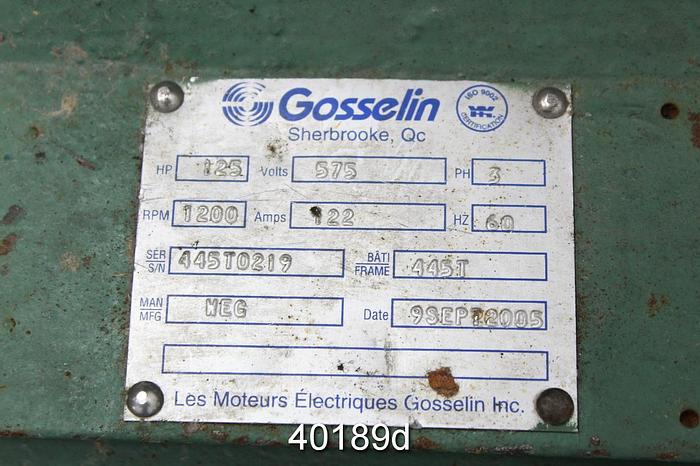 Used Gosselin A/C Motor, 125Hp, 1200 Rpm, 575 Volts #40189