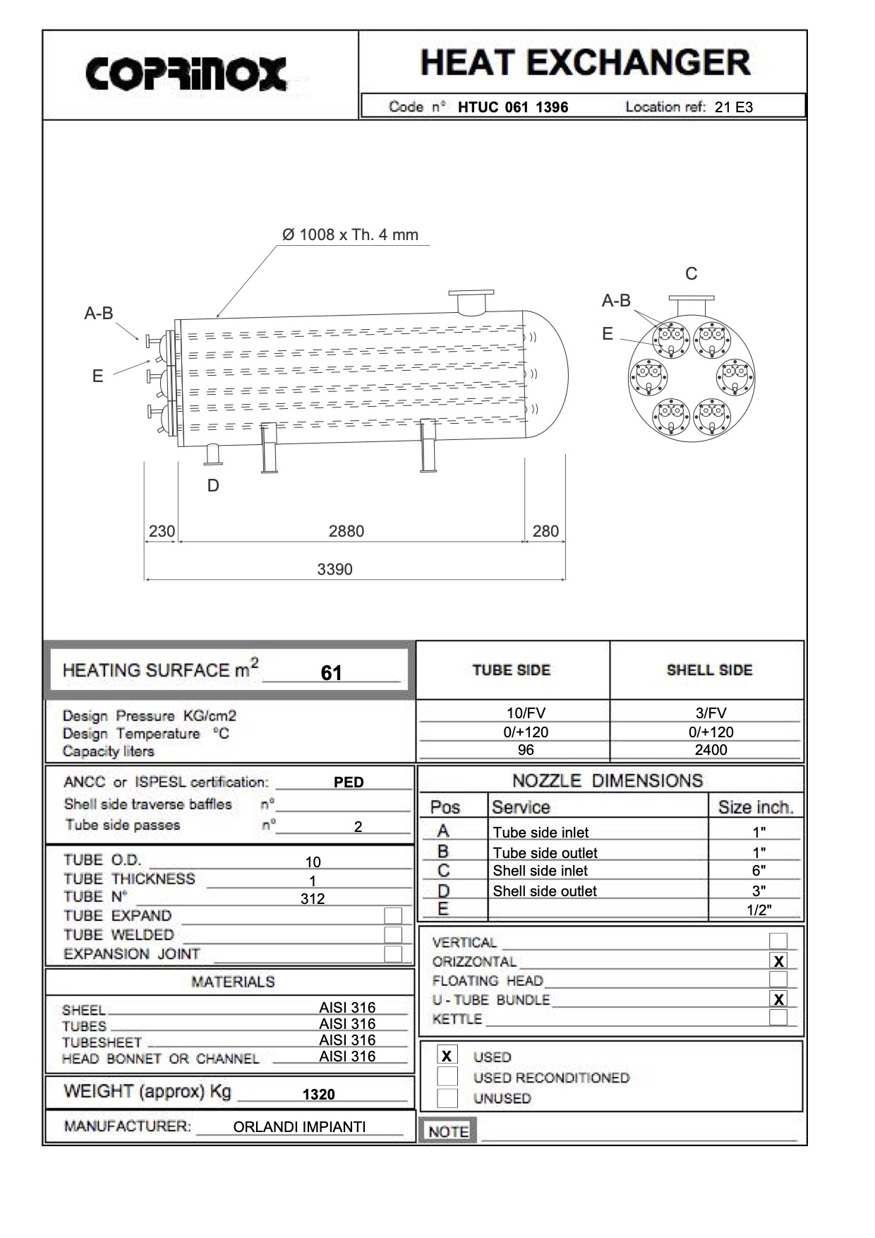 Used Scambiatore di calore a fascio tubeiro da 61 metri quadrati