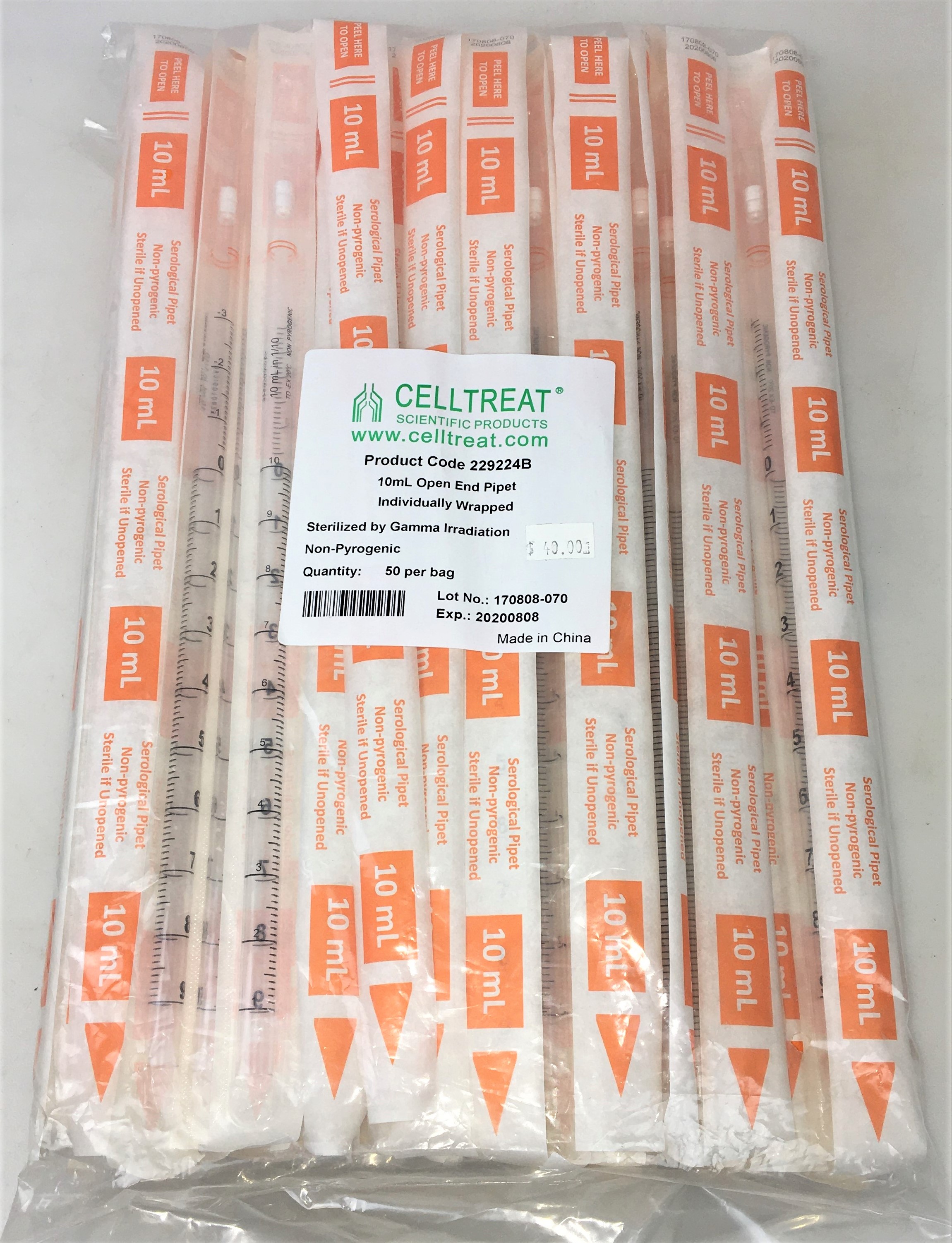 New CellTreat 229224B Open-End Serological Pipet - 10mL (Pack of 50)