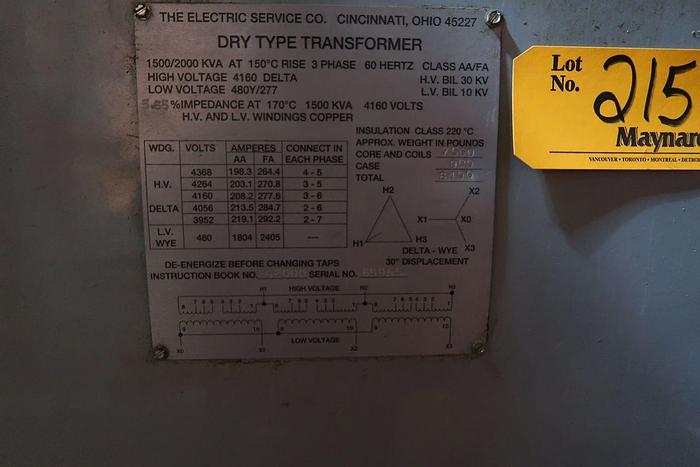 Used THE ELECTRIC SERVICE CO. 1500/2000 KVA DRY TYPE TRANSFORMER