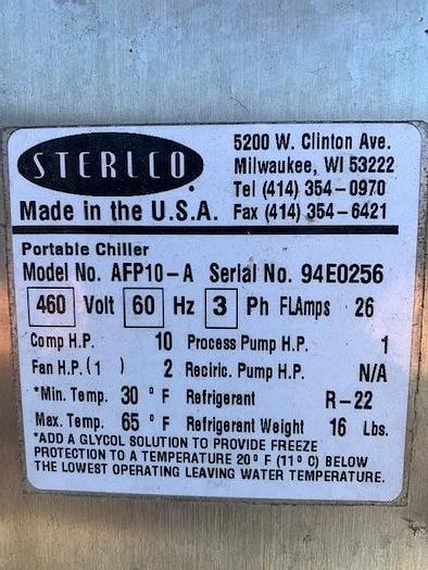 Used Sterico Glycol Chiller For Brine System Model AFP 10 A
