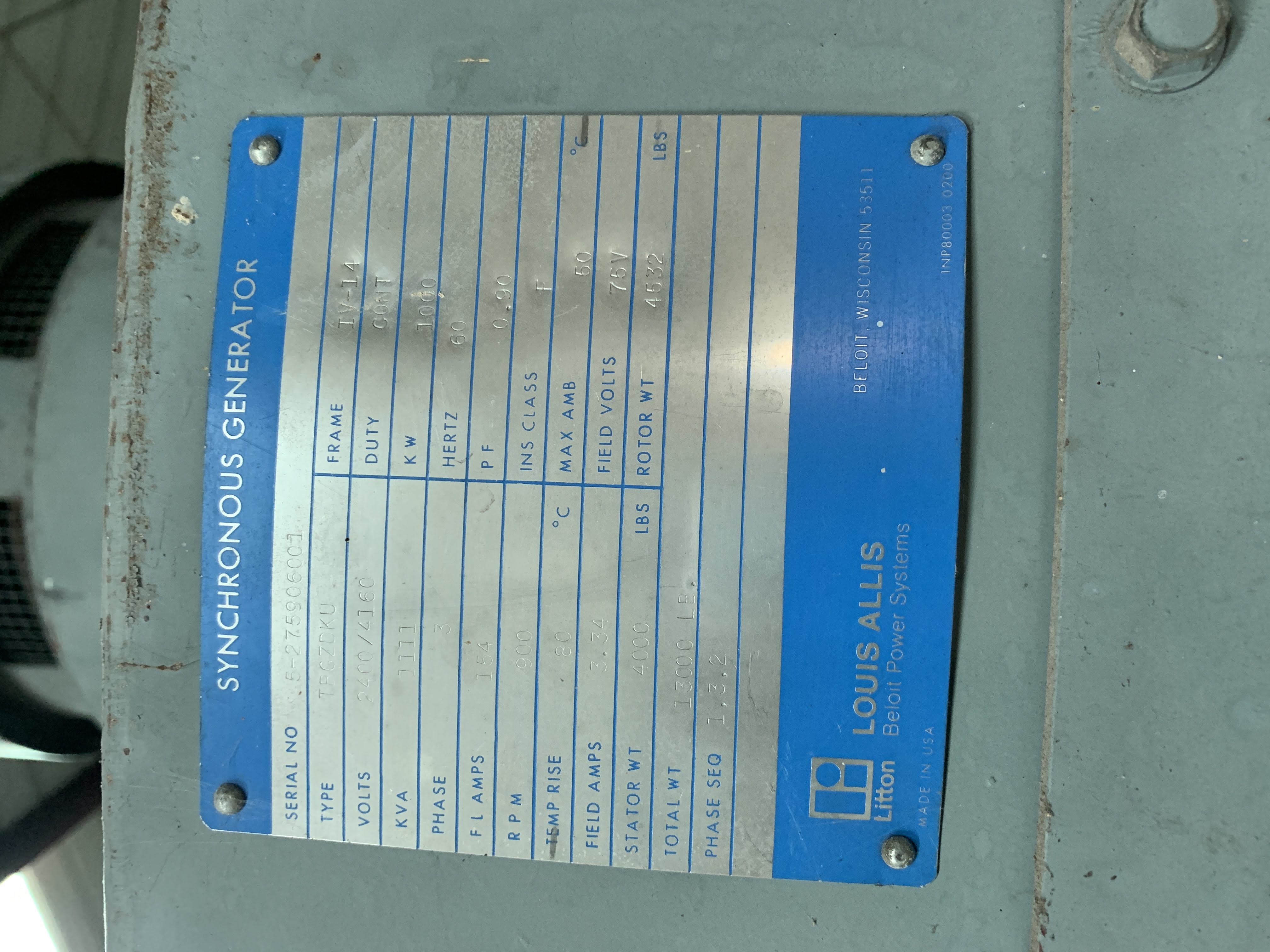 Used 1,000 kW Hydro-Electric Generating System; MFG 1985 by Teledyne / Louis-Allis