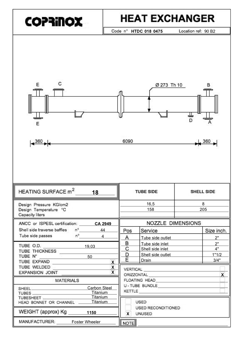 Usato Scambiatore di calore Foster Wheller da 18 metri quadrati