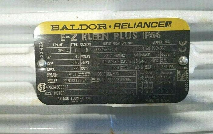 Used Baldor E-Z Kleen Plus IP56 40 HP Electric Motor 3560 RPM CLEAN ROOM Pharma